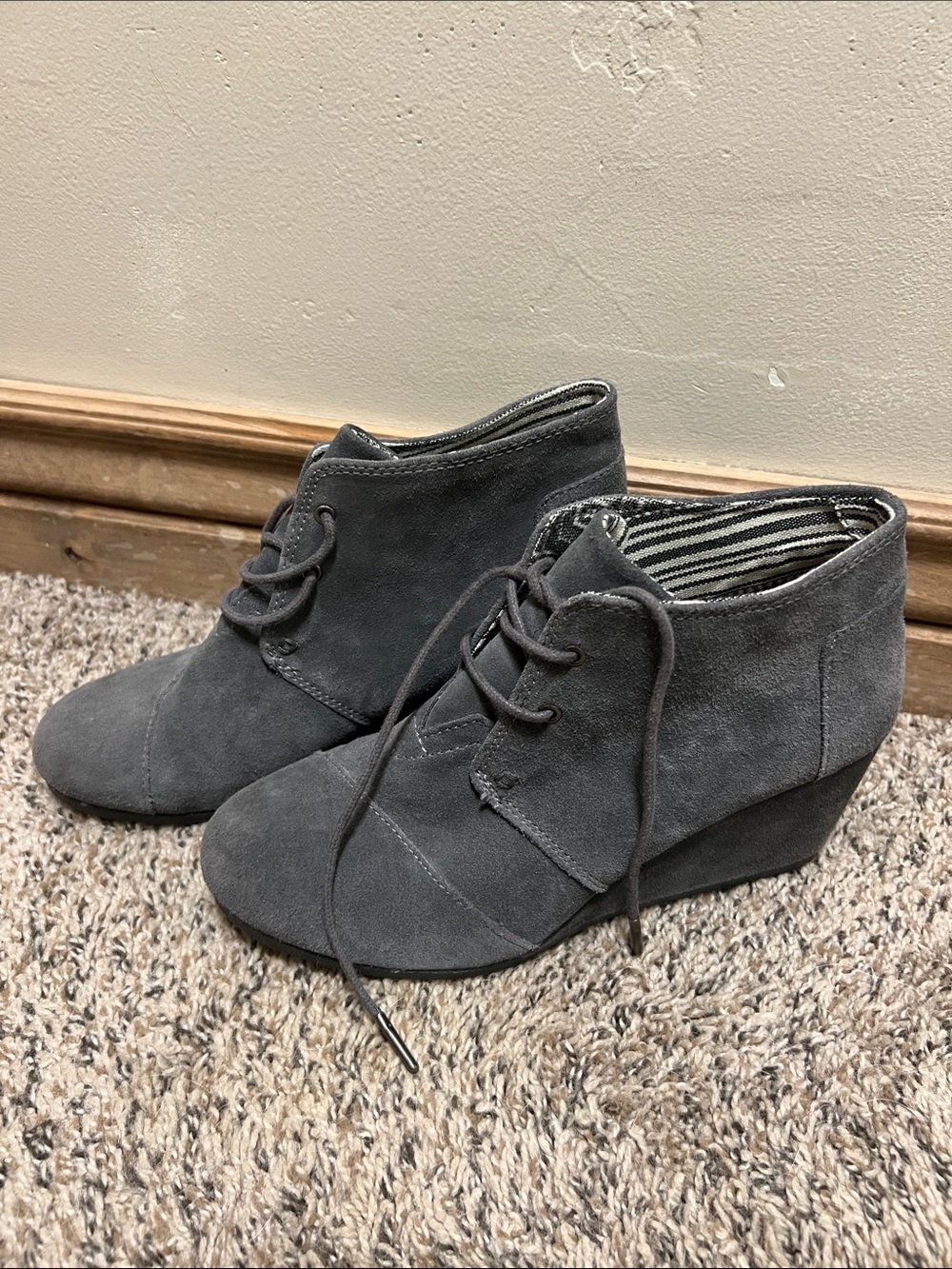 Toms Gray Suede Lace-Up Wedge Ankle Booties